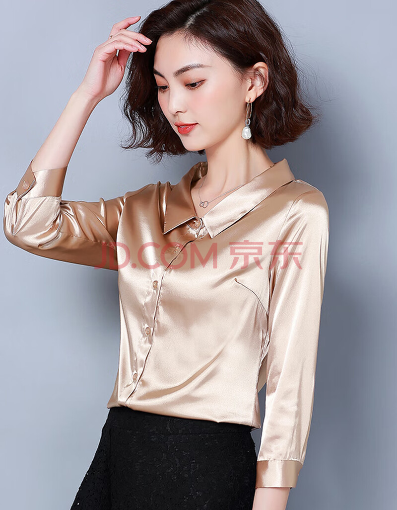 女装春季韩版重磅衬衣七分袖春季新款上衣百搭polo领衬衫q77 香槟色 m