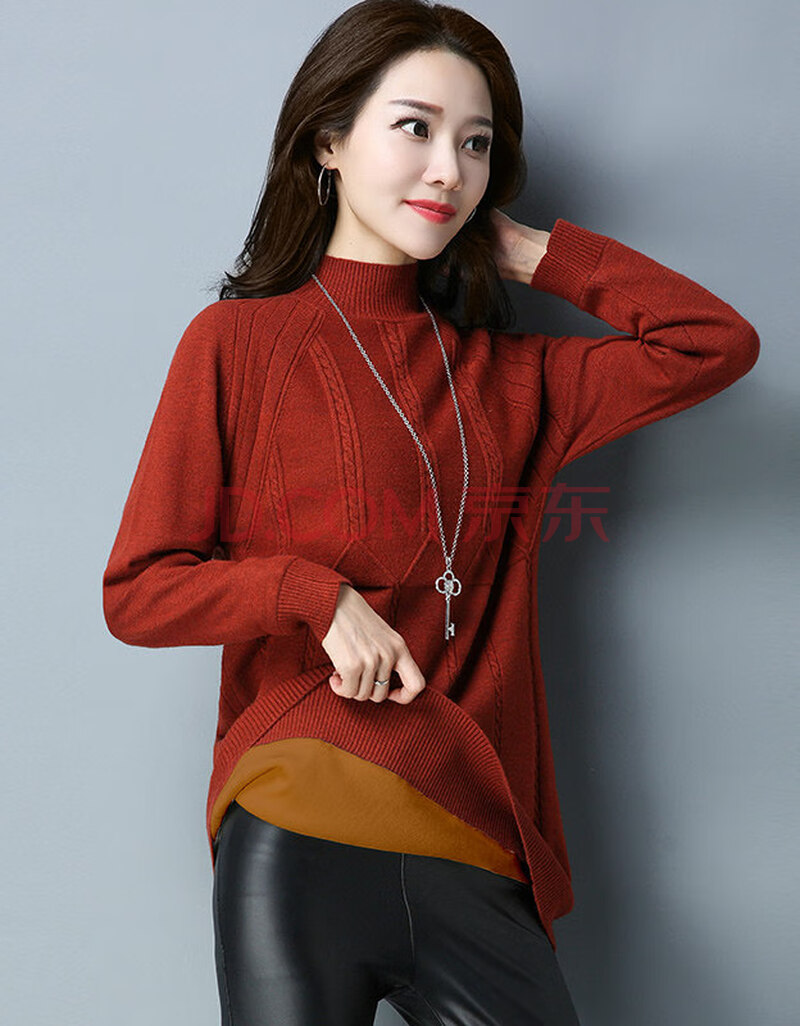 歌米拉 加绒加厚半高领毛衣女中长款新款秋冬上衣外穿宽松针织打底衫