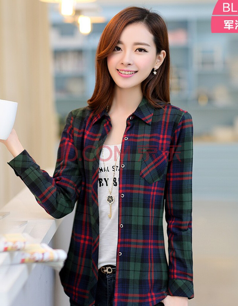 柏莉鸟春季新品女士纯棉格子长袖衬衫时尚休闲全棉法兰绒磨毛格子衬衣