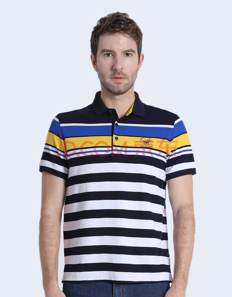 伦德保罗绣花t恤短袖男士夏季条纹衫纯棉商务休闲翻领p