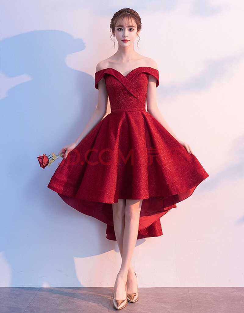 麦斯贝思一字肩敬酒服新娘2020新款结婚现代小个子前短后长红色礼服裙