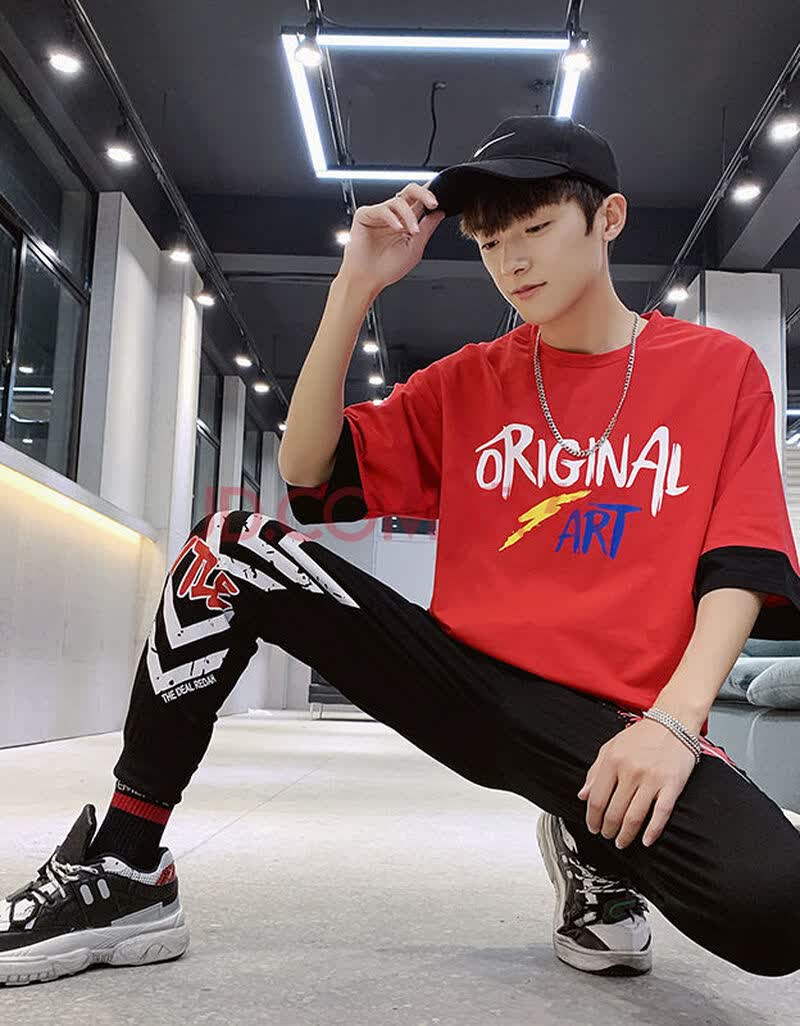 分裤套装初中学生韩版潮流一套衣服社会小伙短袖两件套 1063红色套装