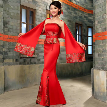 灼华夭夭 2013新款新娘结婚旗袍抹胸鱼尾套装敬酒服 11858 红色 l