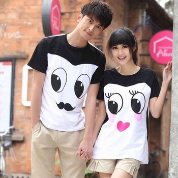 夏装新款韩版圆领大眼娃小胡子直筒印花情侣短袖t恤 可爱卡通情侣t 女