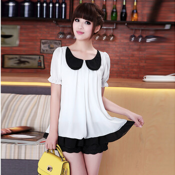 悦欣之恋2013年夏装新款韩版花瓣领泡泡袖雪纺短袖上衣m33837 白色 m