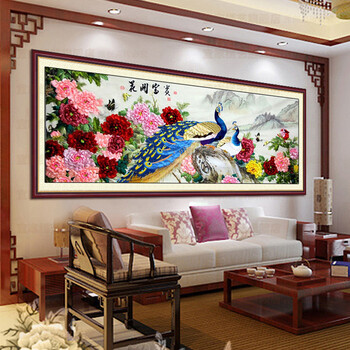 
                                        东方美绣丝带绣花开富贵孔雀3d十字绣精准印花客厅大画 168*70cm 丝带绣                