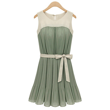 淑女阁 2013新款夏季女装时尚跑拼接雪纺裙无袖收腰百褶连衣裙|sn13