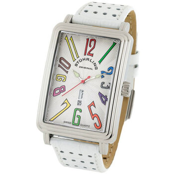 stuhrling original 男士长方形表盘皮革表带石英表 1102l.3315p 白色