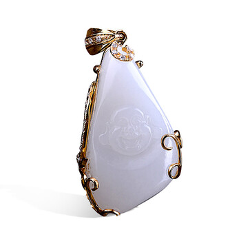 石仙 油润羊脂白和田玉挂件金包玉白玉籽料笑佛吊坠12590金镶玉玉坠