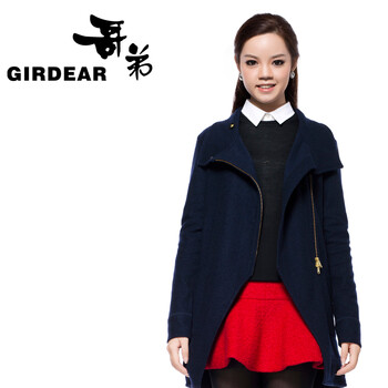 哥弟女装秋冬款时尚立领羊毛拉链羊毛大衣毛呢外套490037 蓝黑色 l(4