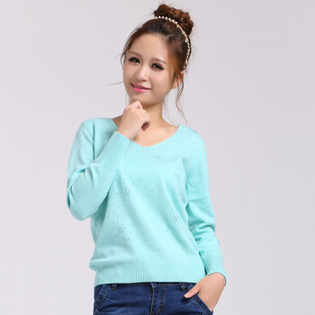 市东霄专柜正品羊绒衫女v领纯色山羊绒打底贴身针织毛衣 淡青色 xxxl