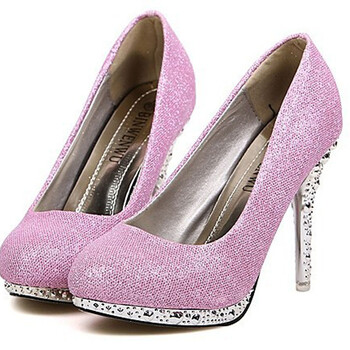 卓(fineager)欧美时尚新款单粉色亮片防水台铆钉高跟鞋结婚单鞋 粉色