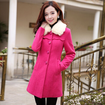 幸福时光 淑女装2013新品款韩版毛领长款羊毛呢大衣呢子外套6503 玫红