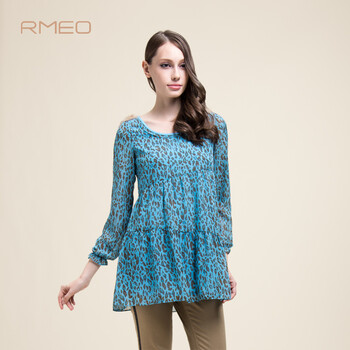 RMEO/浪漫一身2015秋装新款 韩版通勤长袖女上衣宽松圆领豹纹雪纺衫8231126 蓝花 S