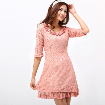 2013秋季新款蕾丝春款连衣裙夏季韩版大码女装修身打底裙子夏 杏粉色