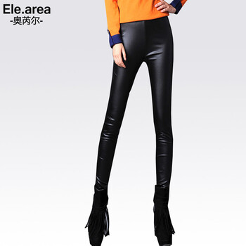 Ele.area 2015 秋冬女装新品弹力修身显瘦仿皮加绒加厚 打底裤女597 黑色 M