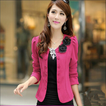 清伊格调 2014春秋新款韩版修身百搭双排扣开衫小短外套qy0037 玫红色