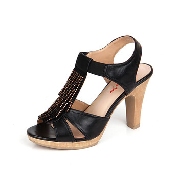 红蜻蜓 诺曼底牛皮女凉鞋休闲水钻流苏高跟wtk24221/22 黑色 39