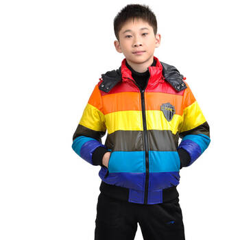 > 七波辉(7-poove)男童彩虹条纹羽绒服13229 中国红 175