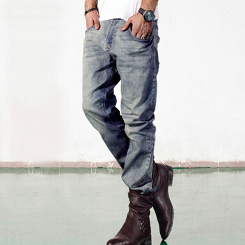 爱肯牛仔 秋装新品怀旧中低腰落档窄腿宽松型男款长裤622301 火药蓝