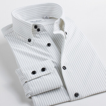 蓝河blueriver男士长袖衬衫优雅条纹免烫抗皱快干功能型领尖钉扣男装