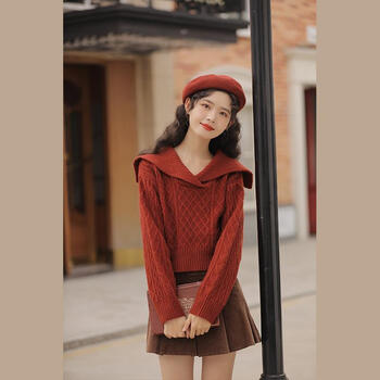 海军领红色毛衣女复古日系麻花高腰短款针织衫上衣减龄娃娃领砖红色m