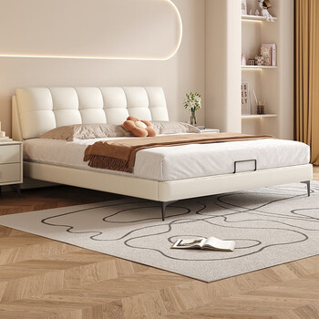 欧亚皇巢泡芙真皮床新款奶油风真皮床软包床头轻奢主卧双人床 升级床