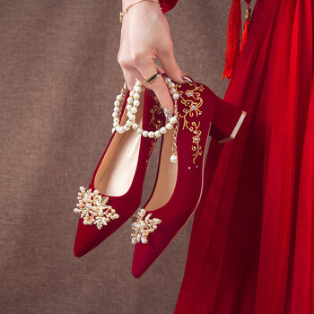 鞋尖头粗跟鞋子女孕妇中式秀禾敬酒服可穿新娘鞋酒红色粗跟4厘米34