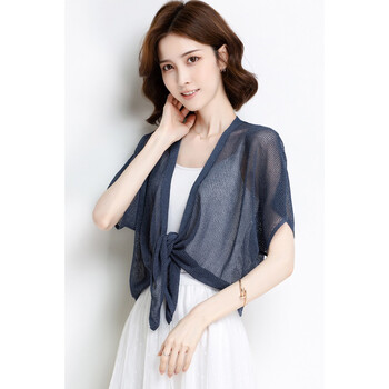 真丝小披肩裙子外搭桑蚕丝夏季短袖薄款外套镂空短款空调衫 深蓝色 m