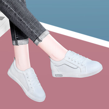 古奇天伦休闲鞋女二层牛皮内增高低帮小白鞋系带拼色