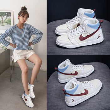 aj·女鞋飞人高·帮秋冬季运动鞋结婚初中学生轻便板鞋女聨名同款 米