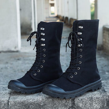 唯坤【击穿底价】高帮帆布鞋男英伦长筒靴男士高筒马丁靴户外鞋舌一体