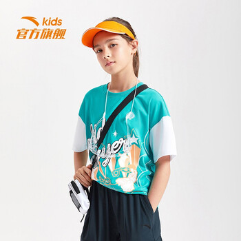 安踏儿童装女童短袖2022年夏季新款女大童t恤印花时尚儿童短t中大童6