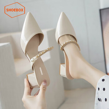 鞋柜达芙妮集团旗下包头半拖鞋女夏外穿2024新款尖头粗跟高跟凉鞋女鞋