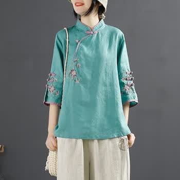 outrapay复古中棉麻服饰女装夏季新款衬衫女春夏中式立领盘扣上衣斜襟