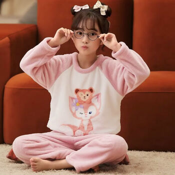 珊瑚绒加绒加厚冬季女孩大童公主可爱法兰绒睡衣套装 q616小狐狸【】