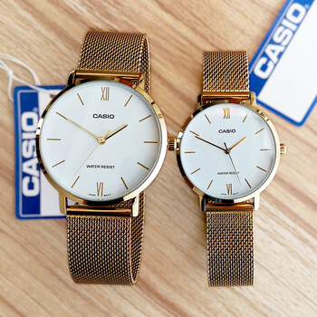 casio卡西欧 海外代购casio手表男 女情侣表一对白金色限量非机械石英