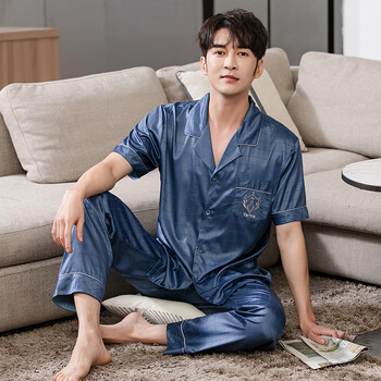 仿真丝睡衣男夏季冰丝薄款男士睡衣夏天大码短袖长裤家居服男套装mz8