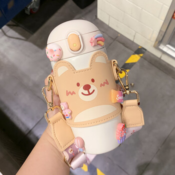 侨尔鑫少女心可爱儿童保温杯女生高颜值学生外带吸管水杯不锈钢保橙色