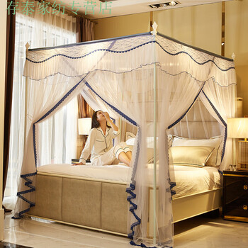 落地宫廷蚊帐家用卧室外穿杆三开门加粗加厚支架易安装15米床宝蓝铁漆