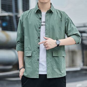 智时代wisdomage男士春夏季七分袖工装外套休闲上衣港风衬衫纯色衬衣