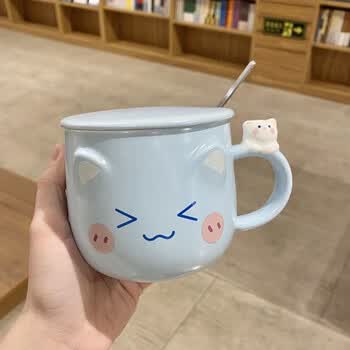 登顶 生日礼物杯子陶瓷杯马克杯带盖勺卡通可爱猫咪喝水杯礼盒装送人