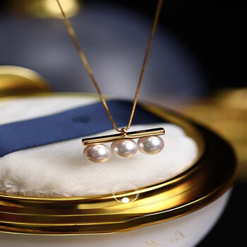 eck日本海水akoya珍珠吊坠项链18k金t家平衡木三珠项坠锁骨链女定制化