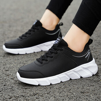 安踏秋季跑步鞋女鞋防水皮面单鞋轻便休闲鞋防滑软底黑色运动鞋女268