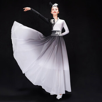 古典舞演出服女飘逸清新淡雅大气开场舞大裙摆水墨色量身定做没有退换