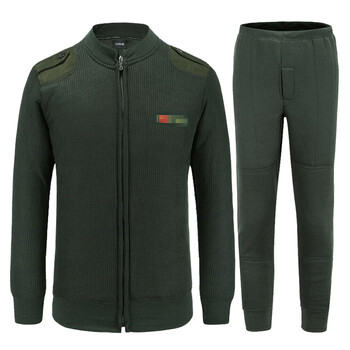 绒衣绒裤套装秋冬季防寒保暖针织内衣橄榄绿男圆领拉链式毛衣毛裤套装