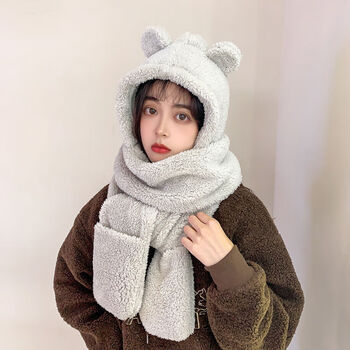 汀曼莲帽子女可爱新款网红小熊帽子女秋冬季百搭毛绒连帽围巾手套一体