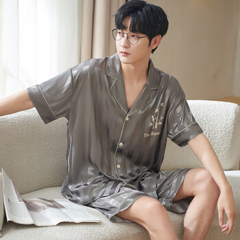 芬腾男士夏季睡衣套装宽松冰丝开衫短袖短裤春夏季透气学生青年家居服