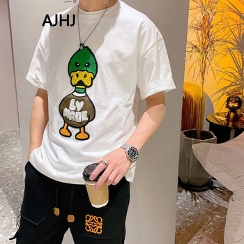 ajhj港风潮牌刺绣短袖t恤男2022夏季新款个性时尚字母鸭子帅气百搭