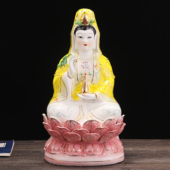 陶瓷观音佛像 红衣南海观音菩萨佛像家用陶瓷供奉 黄衣坐莲观世音 金